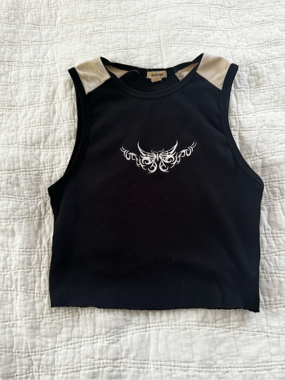 GARAGE Black Sleeveless Crop Tank with Embroidered Graphic